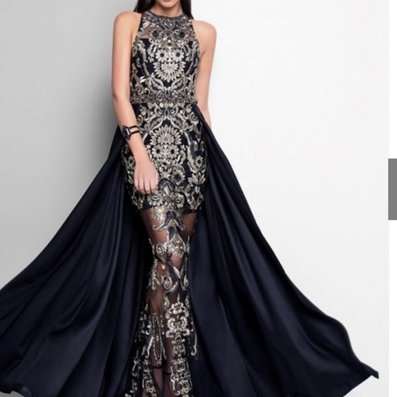 Terani Couture Black & Gold Embroidered Halter Gown - Stunning! - Picture 2 of 5
